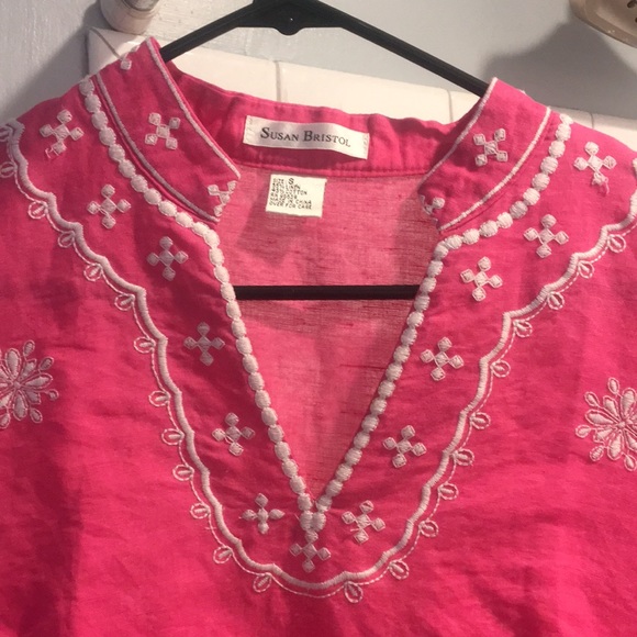 Susan Bristol linen & cotton top. Pink with white embroidery. EUC. Size small. - Picture 3 of 3